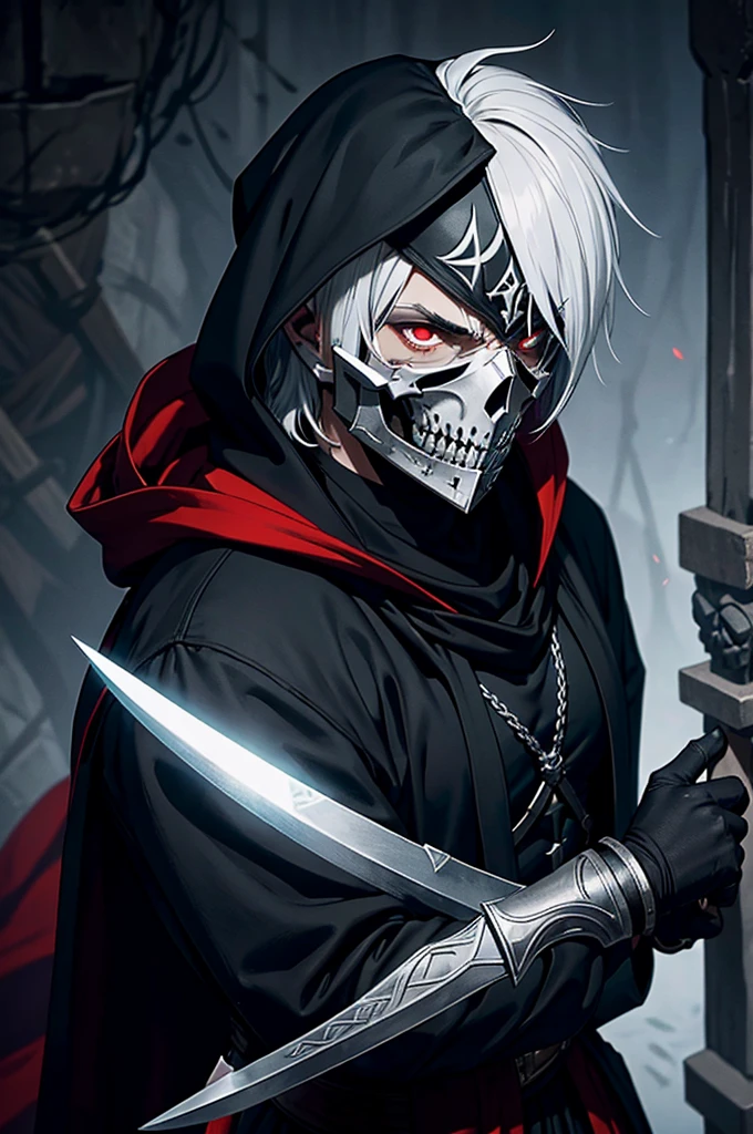 An assassin, male, fantasy character, physically strong, wearing a skull mask covering his face and eyes, dressed in black medieval attire, with a white hooded cloak over it, gray hair, short hair, red eyes, holding a dagger, nighttime background.