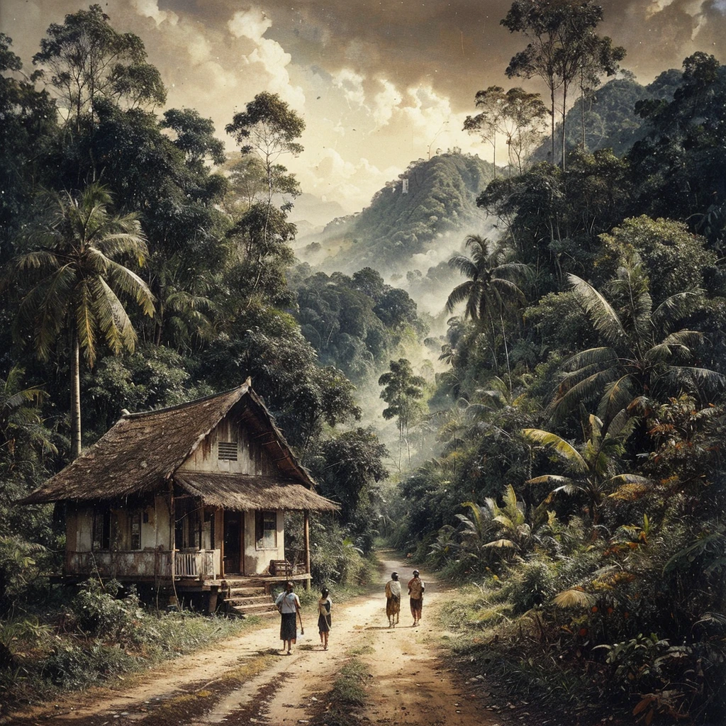 Oil paint splattered era 1960, a view, the road turns, samping kanan kiri forest rapat borneo, there is a mountain background, forest, coconut tree, and trees, there is bush grass, ferns plant,very dark night,naturalism,Realism,very dull canvas,basuki abdullah style,Oil paint splashes are intuitive