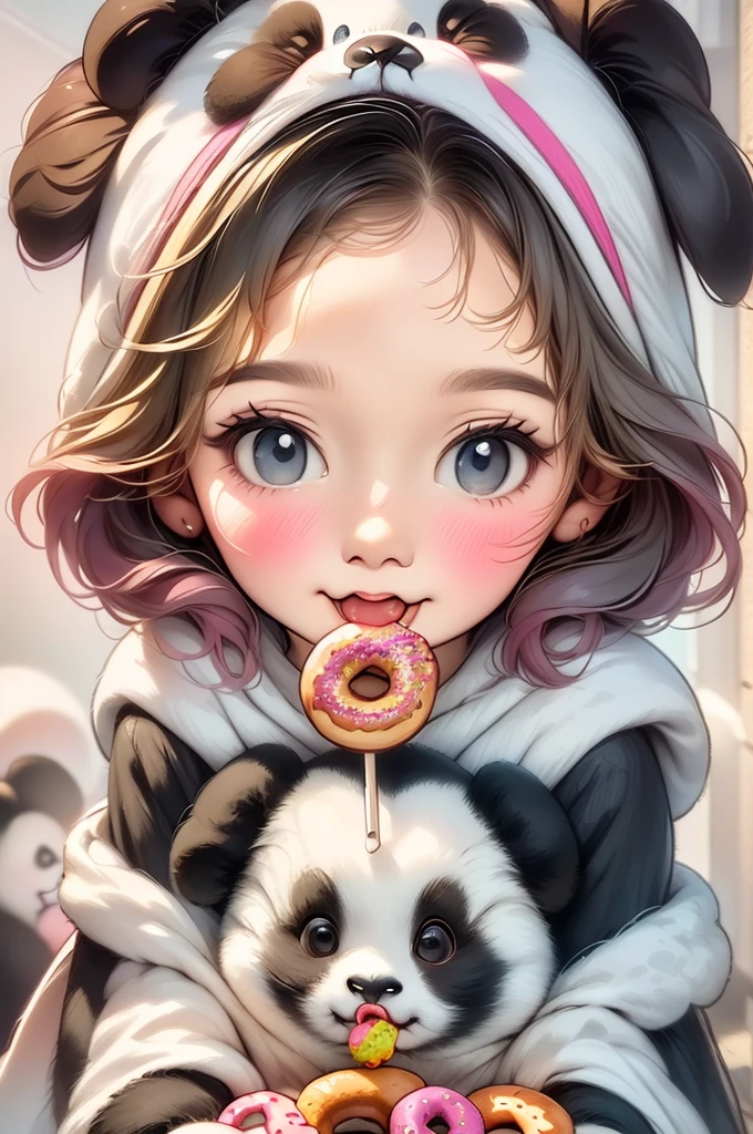 wide shot, centered, full body, ((a in panda costume eating donuts (black and white costume):1.4)), sitting and eating candy:1.3, dynamic pose, (dog begging for candy:1.3), highly detailed, 8K, high definition, adorable, high quality, photorealistic, colorful, vibrant, soft lighting, plush panda costume, tousled hair, round cheeks, big eyes, detailed facial features, cheerful expression, playful, whimsical, intricate details, lollipops, sweet, textured fur, fluffy panda ears, paws, dog wagging tail, anticipation, cute, heartwarming, endearing