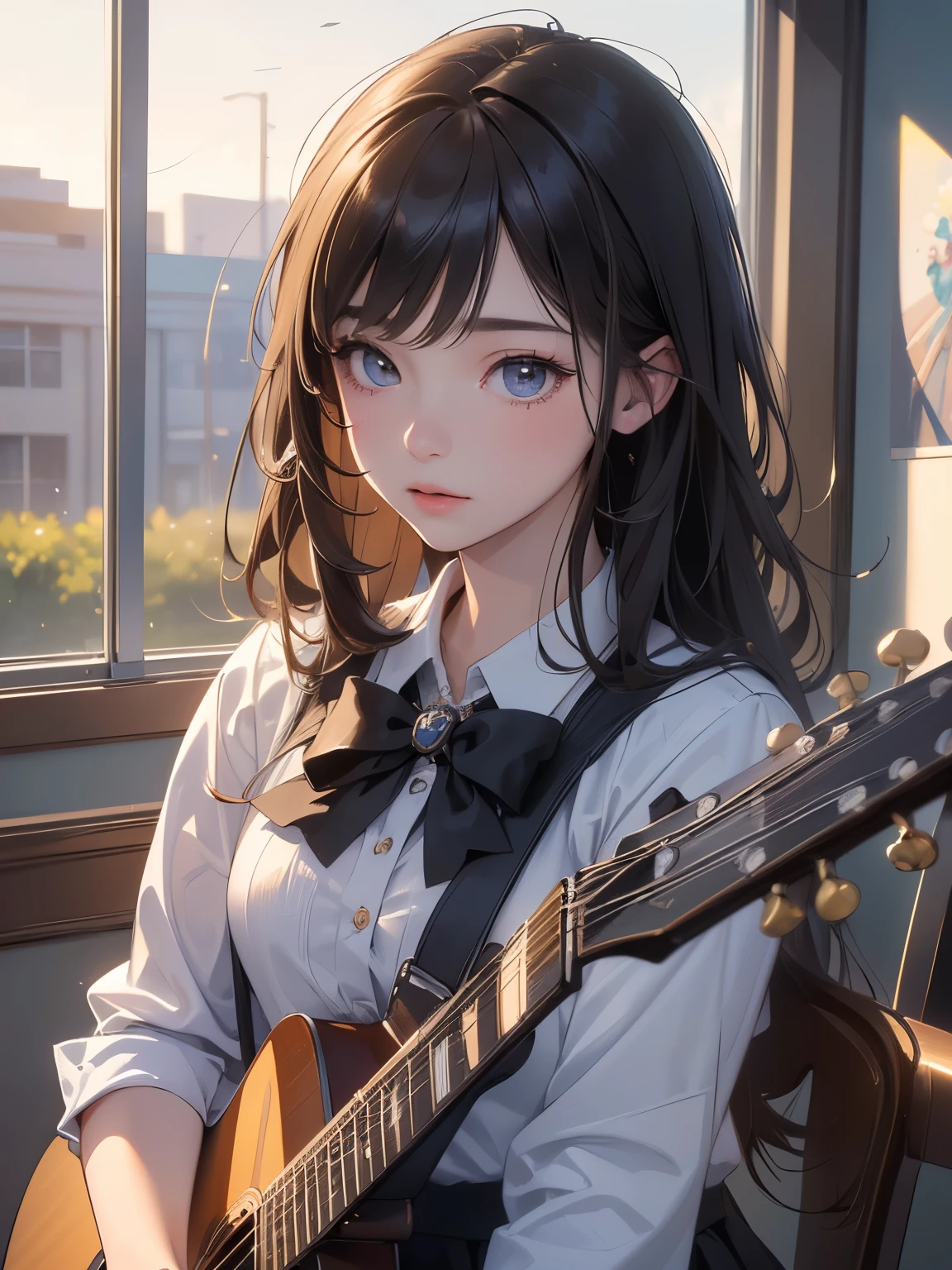 ((Highest quality)),(Ultra-high resolution),(Very detailed),(Detailed Description),((The best CG)),(A masterpiece of art),Ultra-detailed art,Amazing drawing art,(Art with precise detail:1.5), (high school girl:1.5), Learning to play the guitar on campus after school。Midsummer