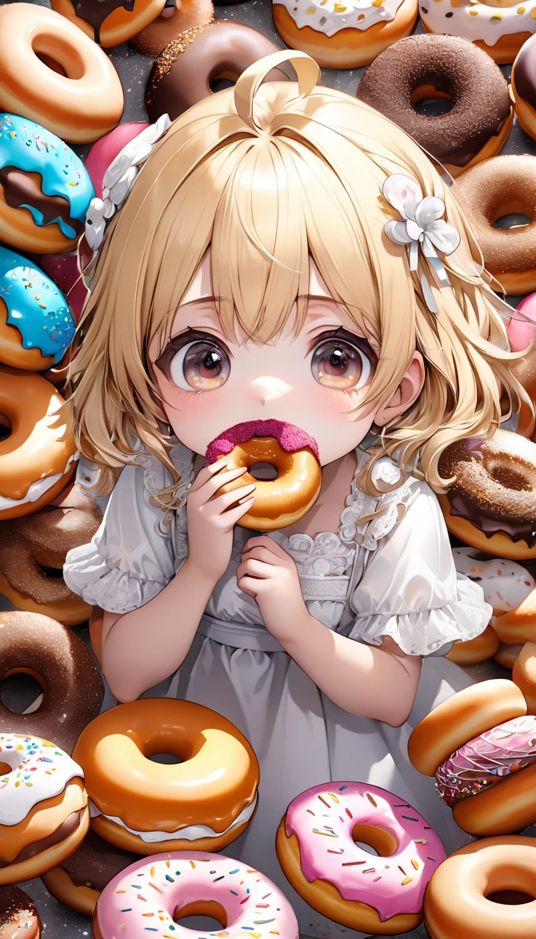 chibi, cute girl, blonde messy hair, ahoge, surrounded by many donuts, stuffing her mouth full of donuts, wearing white dress, smile, funny, (ultra detailed, absolutely resolution, best quality:1.3), 2.5D, delicate and dynamic, hyper realistic, artistic photography, graphic CG digital art, cartoon-style, shading effects, glitter effects, foggy filter effects, background many colorful donuts