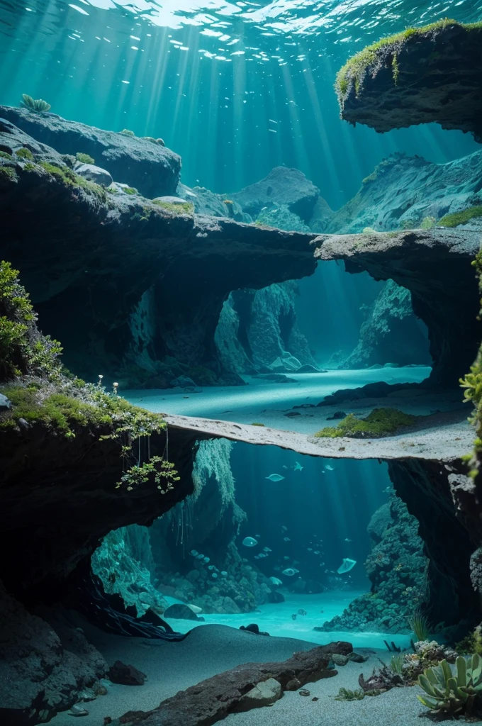 Secret underwater cave, filled with seaglasses that serve as light sources, and bioluminescent flore scattered around.