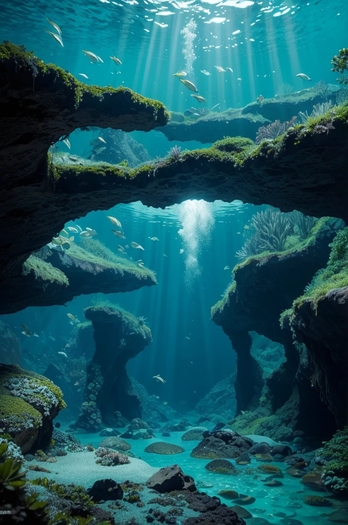 Secret underwater cave, filled with seaglasses that serve as light sources, and bioluminescent flore scattered around.