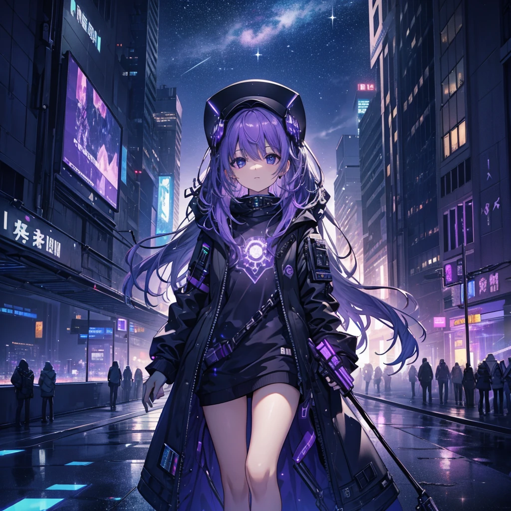 Starry sky with constellations, Purple hue like a nebula, Vast space, The Bottom of Cyberpunk City,