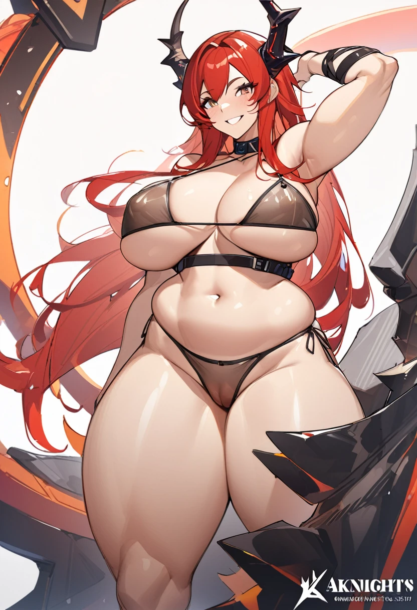 Surtr(Arknights)red hair,very curvy body,wears see through bikini,big breast,thick thighs,fat ass,smooth midriffs,smiling happy, uncensored,very nsfw.