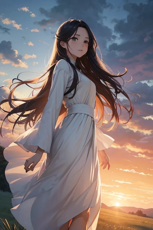 In the countryside at dusk、Digital painting of a young woman with long hair blowing in the wind。She is wearing a light-colored dress、Dramatic clouds in the sky。In the distance you can see gentle hills。The overall atmosphere is calm and meditative。