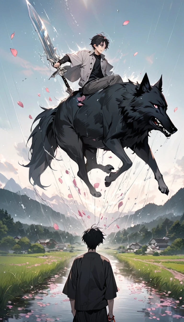 photo of an anime character (jujutsu KAISEN) named "yuta okkotsu" with black hair, sharp eyes, "jujutsu kaisen" shirt with buttons on the side, white, long black Jujutsu kaisen trousers, with cherry blossom petal effect that was flying, and the falling raindrops were drenching, and the white sword was stuck on his back, he was walking with a black wolf. along with a realistic rural background.