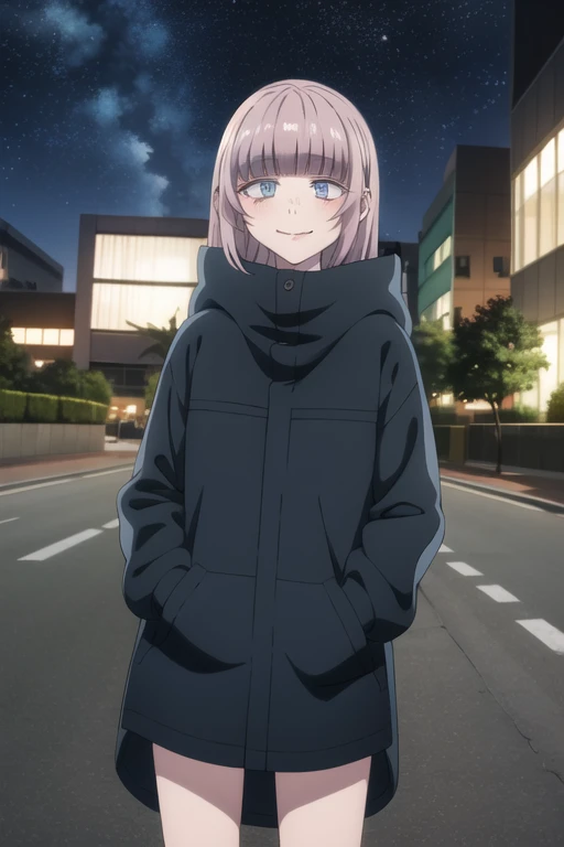 best qualityer, work of art, detailded,
NanakusaNazuna,
1 girl, cloused mouth, ssmile,
pink  hair, long hair, Blunt bangs, side locks, blue colored eyes,
NanakusaJaqueta, jaket, hooded cloak, 
looking ahead at viewer, hand in pocket, tight slit,
plein-air, citys, natta, starry sky