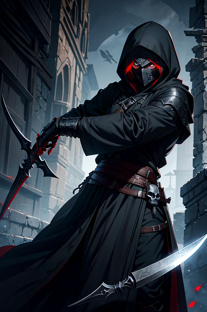 An assassin, male, fantasy character, physically strong, wearing a skull mask covering his face and eyes, dressed in black medieval attire, with a white hooded cloak over it, gray hair, short hair, red eyes, holding a dagger, nighttime background.