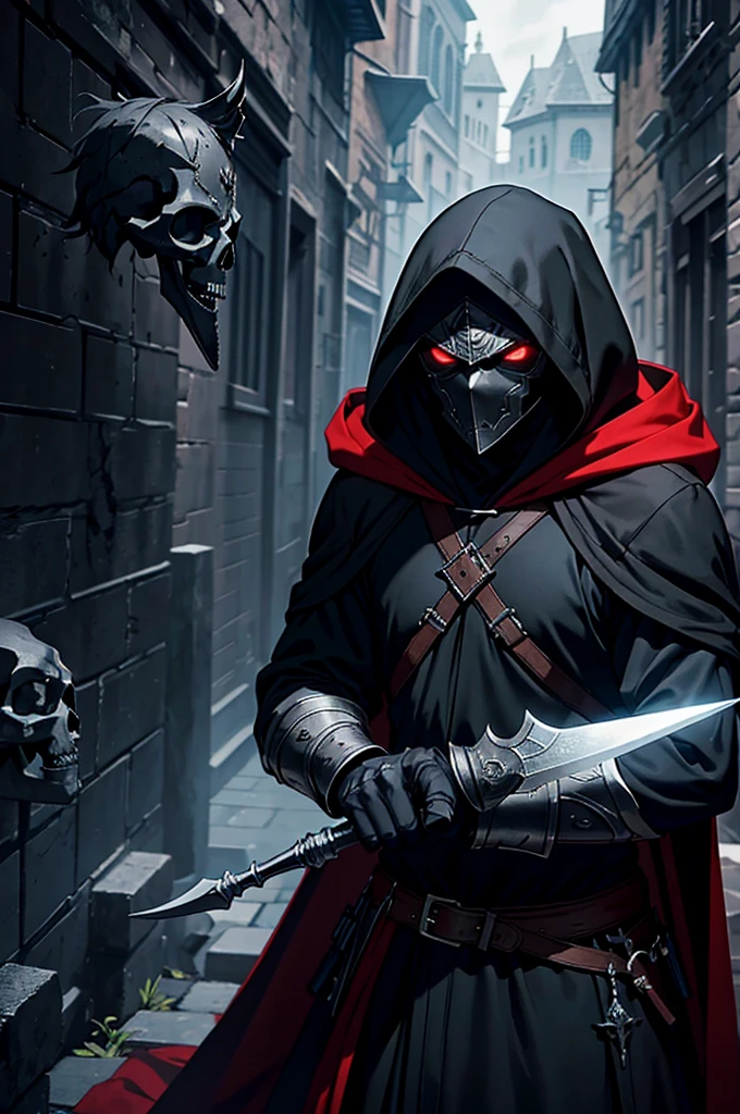 An assassin, male, fantasy character, physically strong, wearing a skull mask covering his face and eyes, dressed in black medieval attire, with a white hooded cloak over it, gray hair, short hair, red eyes, holding a dagger, nighttime background.