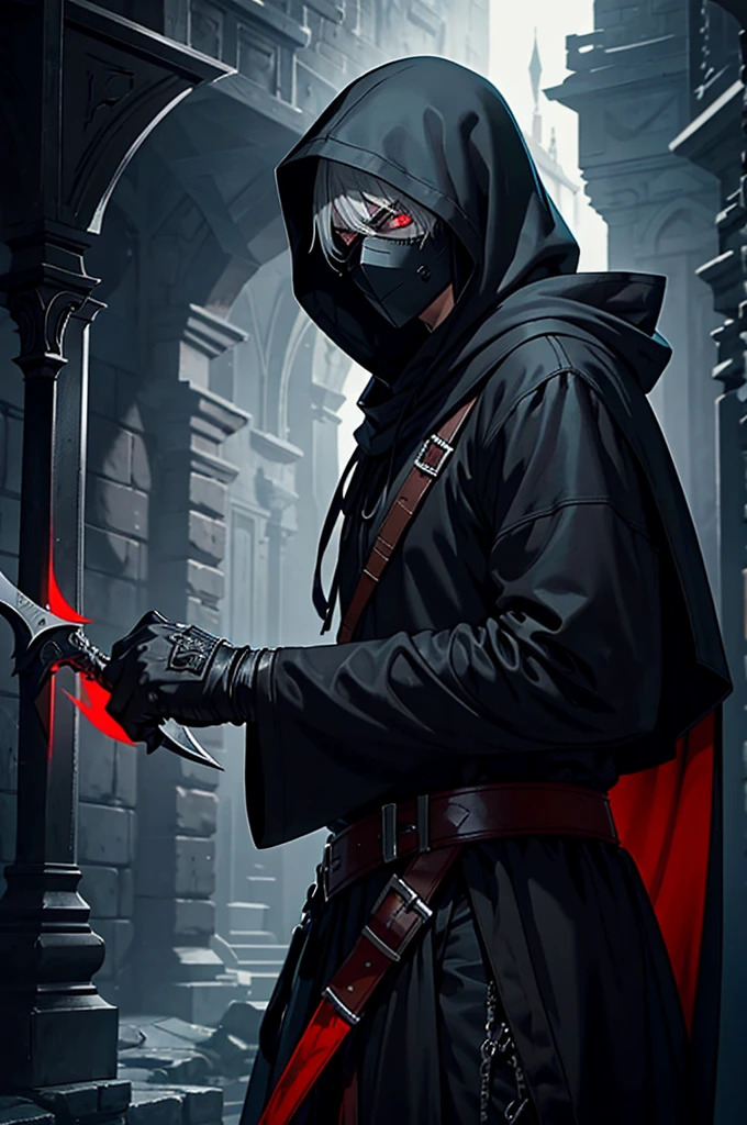 An assassin, male, fantasy character, physically strong, wearing a skull mask covering his face and eyes, dressed in black medieval attire, with a white hooded cloak over it, gray hair, short hair, red eyes, holding a dagger, nighttime background.