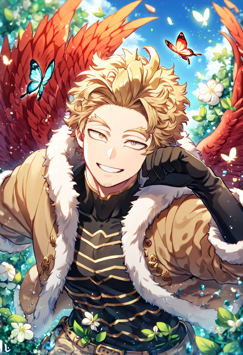 absurdres, highres, ultra detailed, HDR, master piece, best quality, extremely detailed face, delicated features, Hawks, ash-blonde hair, expressive golden brown eyes, faint stubble, Boku No Hero Academia, solo, sexy man, handsome, handsome smile, red wings, brown jacket with fur, black tight shirt with patterns, black gloves, fantasy, magical, butterflies, summer, green leaves, flowers, water