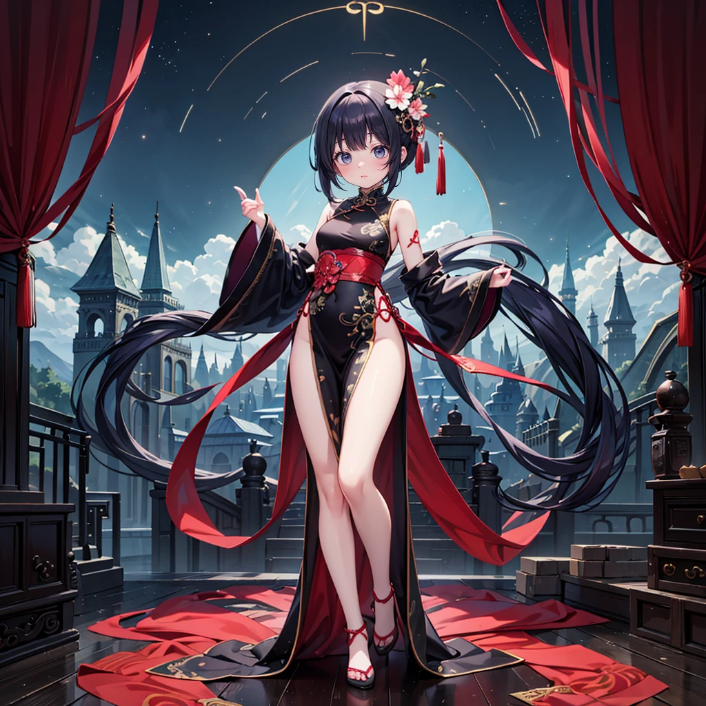 (Full body), solo, 1 beautiful girl wearing chinese fantasy clothes, posing, stunning beautyfull fantasy world background, panorama view