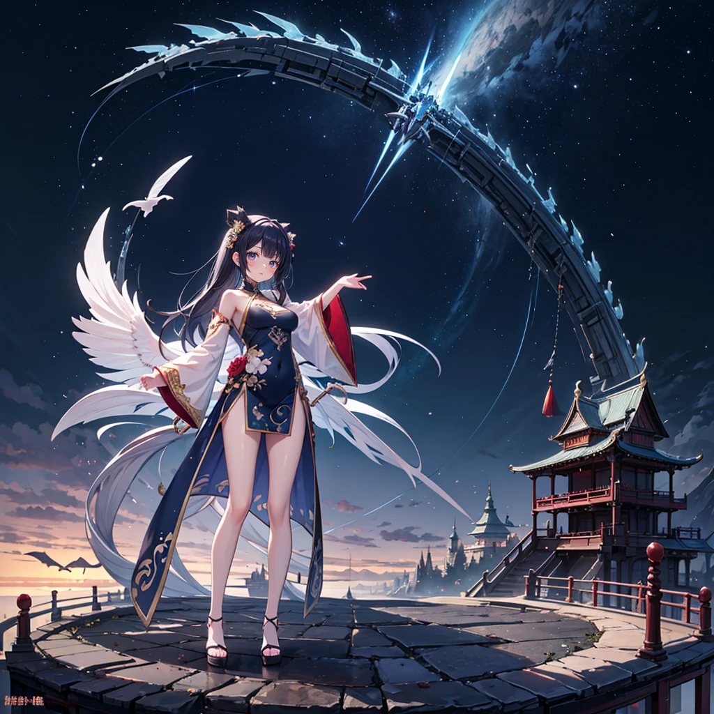 (Full body), solo, 1 beautiful girl wearing chinese fantasy clothes, posing, stunning beautyfull fantasy world background, panorama view
