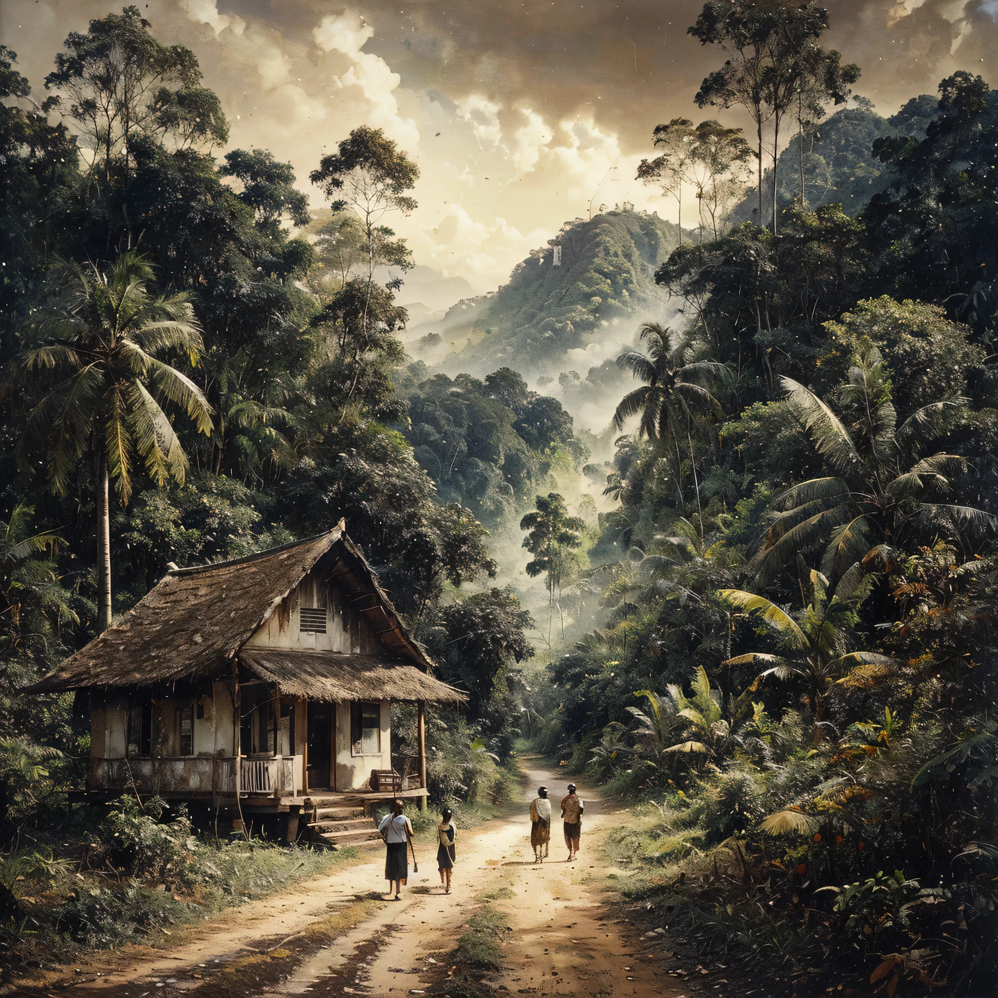Oil paint splattered era 1960, a view, the road turns, samping kanan kiri forest rapat borneo, there is a mountain background, forest, coconut tree, and trees, there is bush grass, ferns plant,very dark night,naturalism,Realism,very dull canvas,basuki abdullah style,Oil paint splashes are intuitive