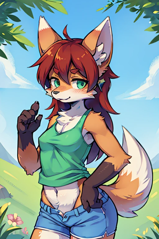 A closeup of a cartoon fox wearing a green shirt and blue shorts, fox girl, tonic the fox, a den fox, mini girly furry cute style, female fox, female fursona, furry fursona, fursona wearing elegant clothes, furry furaffinity, a den foxpomorfo, portrait of a den fox, fursona art, furry character, naked