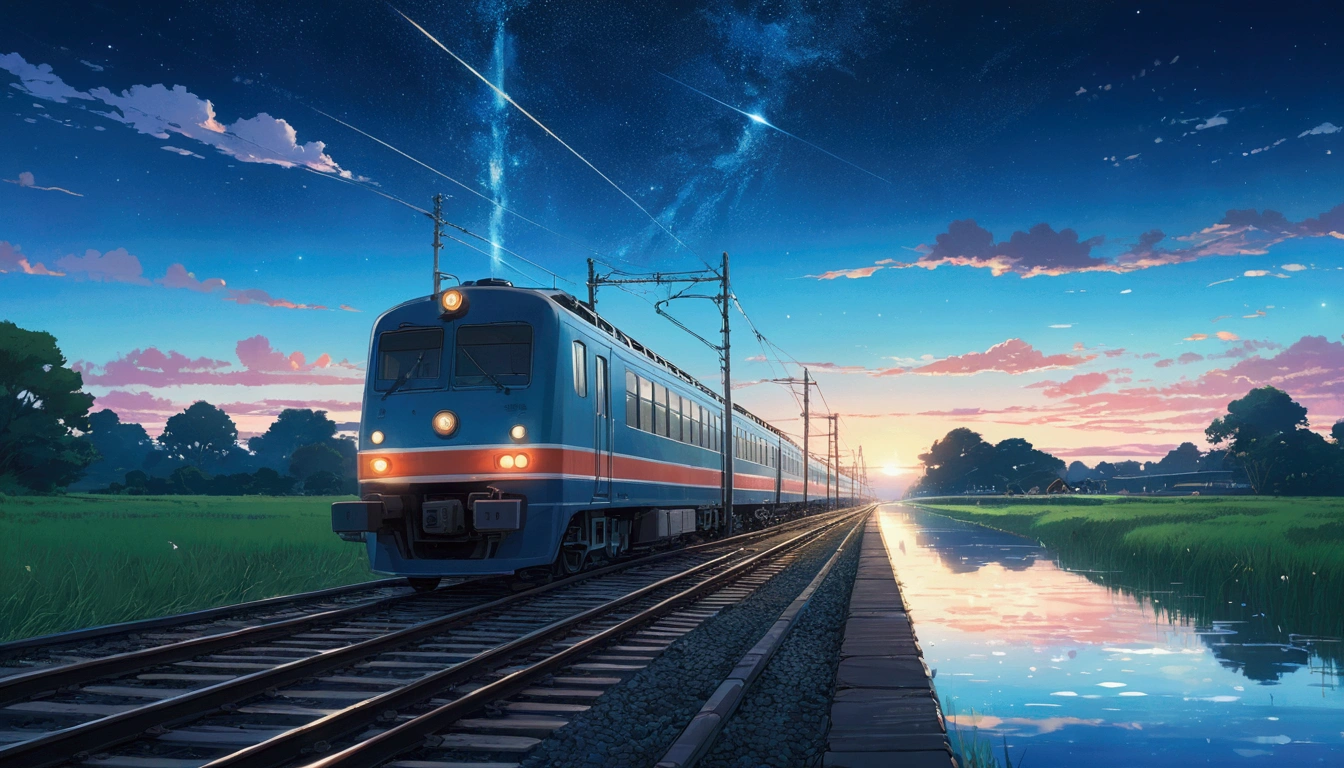 Masterpiece, Anime train passing through bodies of water on tracks, Bright starry sky. Romantic train, Makoto Shinkai's picture, Pisif, concept-art, Lofi art style, Reflection. By Makoto Shinkai, Lofi art, beautiful anime scenes, Anime landscape, Detailed scenery —width 672, in the style of makoto shinkai, Makoto Shinkai's style, Enhanced detail.
