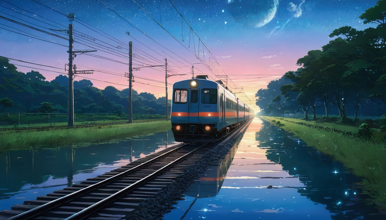Masterpiece, Anime train passing through bodies of water on tracks, Bright starry sky. Romantic train, Makoto Shinkai's picture, Pisif, concept-art, Lofi art style, Reflection. By Makoto Shinkai, Lofi art, beautiful anime scenes, Anime landscape, Detailed scenery —width 672, in the style of makoto shinkai, Makoto Shinkai's style, Enhanced detail.