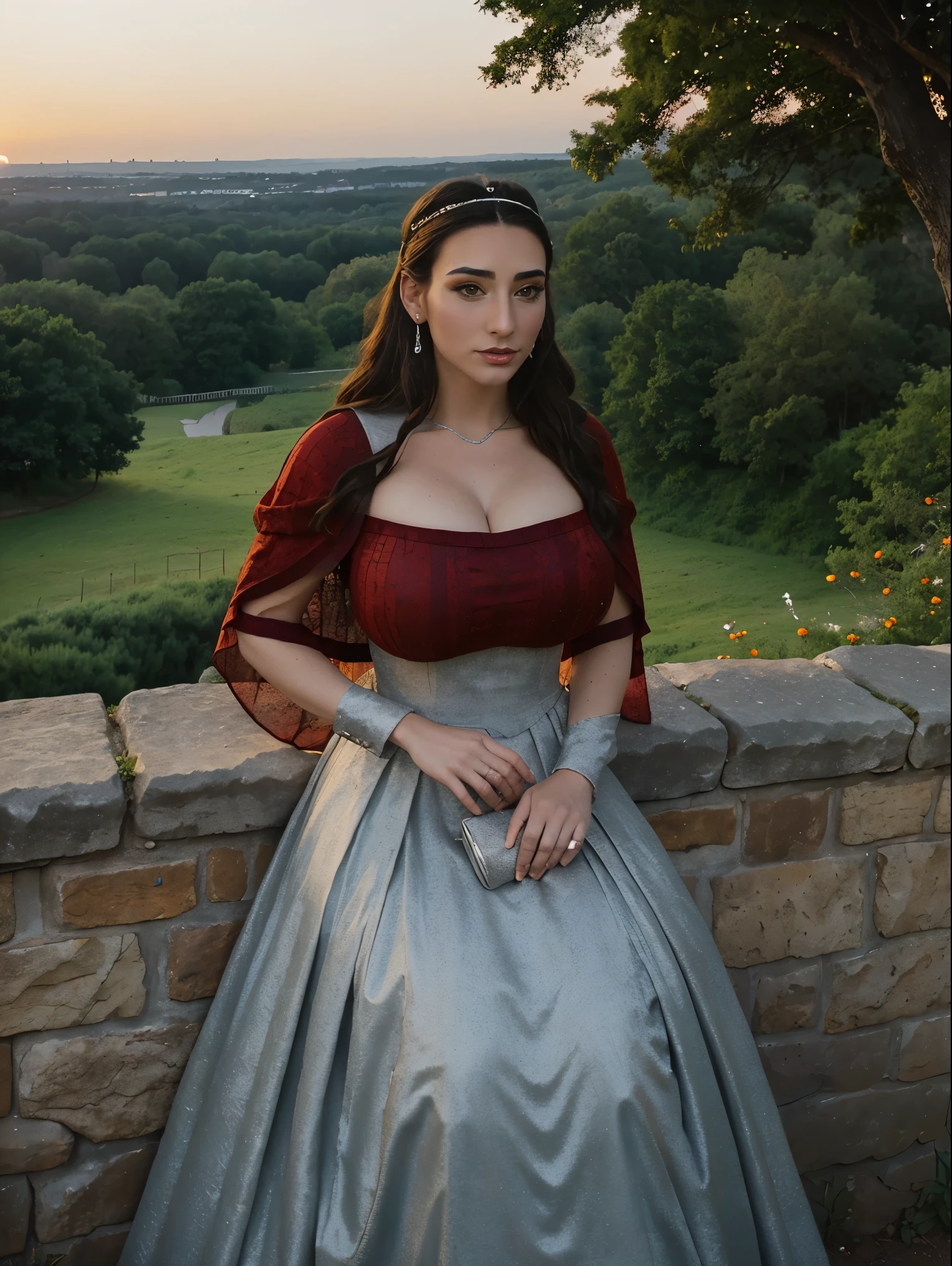 Gorgeous and sultry busty athletic (thin) brunette queen with sharp facial features wearing a modest updo, dark red medieval dress, long sleeves, intricate patterns, scrollwork, wide neck, crown, veil, long dress, modest dress, tight bodice, (silver waist chain), medieval jewelry, Middle Ages, castle, rampart, wall, exterior, on top of a castle wall, trees, countryside, evening, sunset.