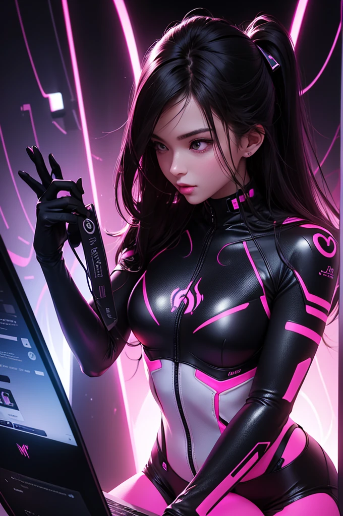 Create a banner for a tech store with a subtle erotic appeal, featuring sleek gadgets like smartphones and laptops with curved designs. Include a silhouette of an attractive person holding a device, surrounded by soft, warm lighting with a reddish-purple glow. Emphasize glossy, reflective surfaces on the products and incorporate the text "Ignite Your Tech Passion." Use a dark background with neon accents, and include a close-up of fingers sensually touching a screen. The overall style should be photorealistic with high contrast and a glossy finish, evoking a seductive, modern, high-tech mood