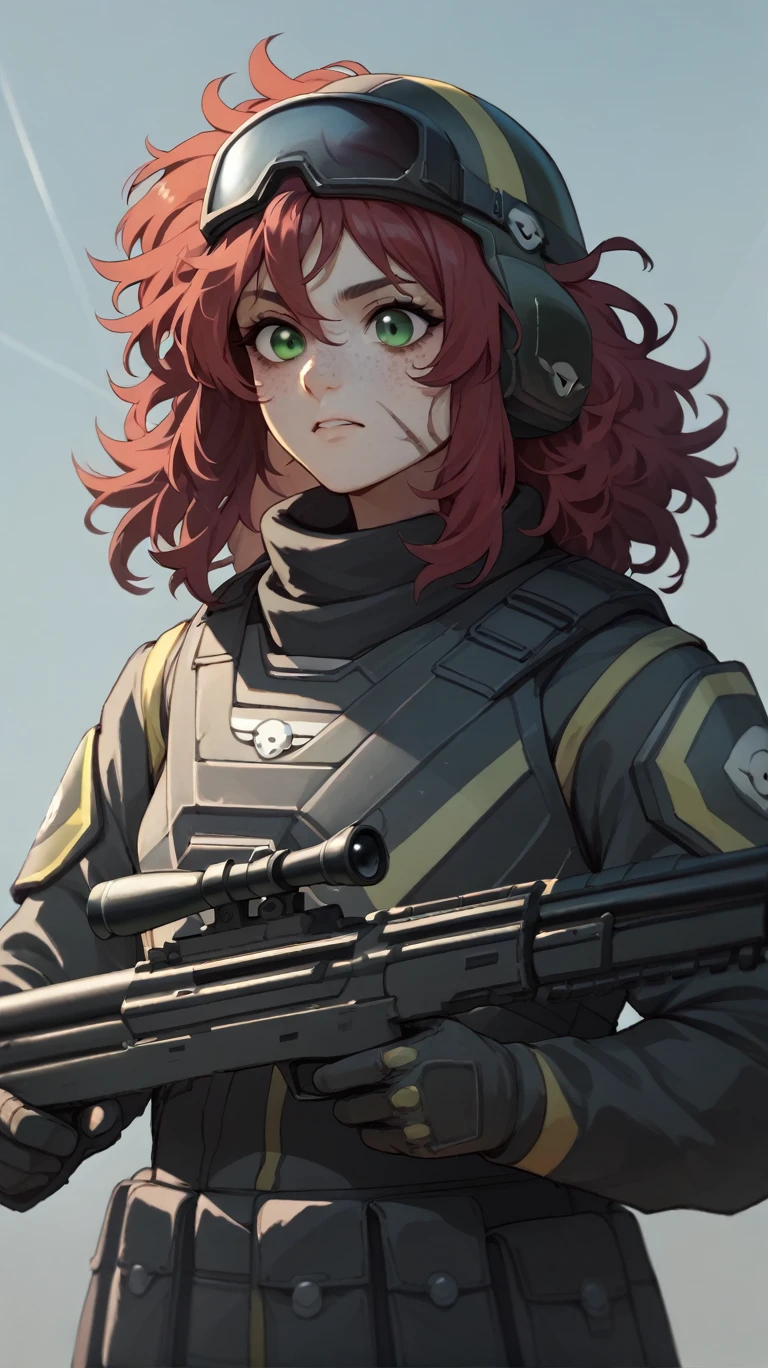 Female Helldiver Sniper without helmet, messy red hair, freckles, green eyes, and a burn scar on her left eye. Holding a sniper rifle. 