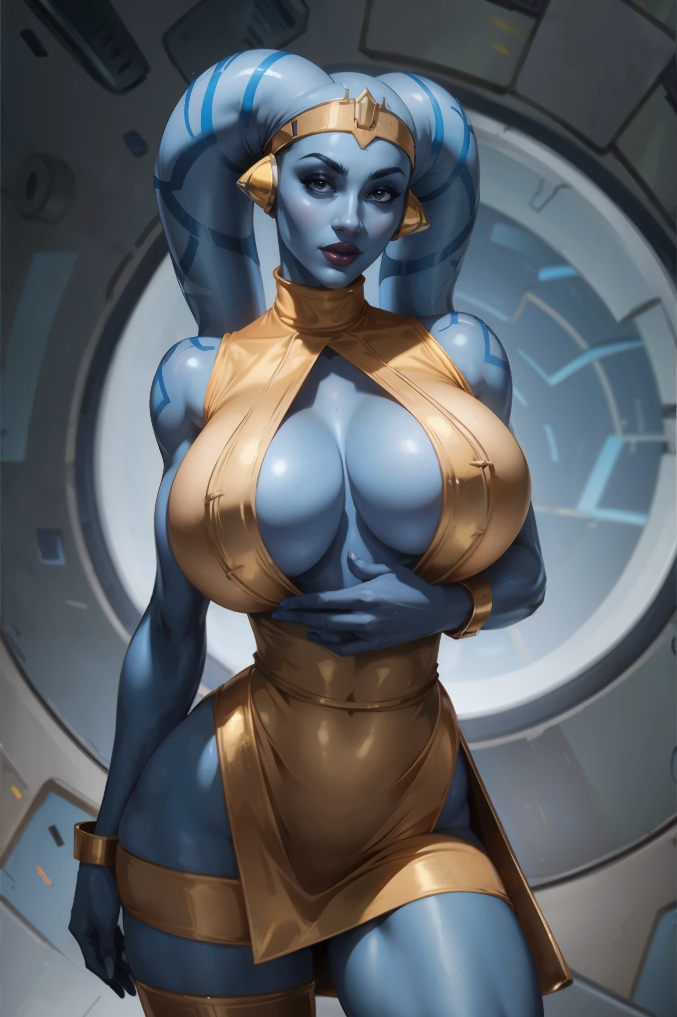 Playful Blue Skin Twi'lek with (huge breasts) wearing a tight short gold cocktail dress, short dress, high neck, sleeveless, (keyhole cleavage), tattoos, large natural breasts, cleavage, long legs, toned, slim hips, small waist, full-body shot