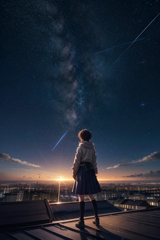 anime girl standing on the roof looking at the night sky with stars, anime wallpaper 4k, anime wallpaper 4 k, 4k anime wallpaper, 8K anime art wallpaper, 4k anime art wallpaper, 4K anime art wallpaper, 4K anime-style, makoto shinkai cyril rolando, 4k manga wallpaper, anime wallpaper, amazing wallpaper, shooting stars