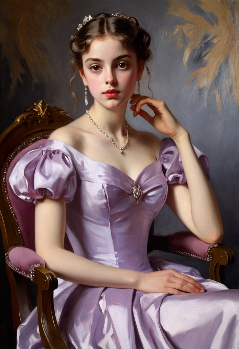 (masterpiece, highest quality:1.4) , (john singer sargent style), (oil painting), hd, highres, high detail, very pretty!!!! beautiful!!!!! young!!!!!!!! face, 18 year old beautiful girl, young beautiful!!!! pretty!!!! european girl sitting confidently, elegantly on a armchair, pale purple dress, , , looking at camera