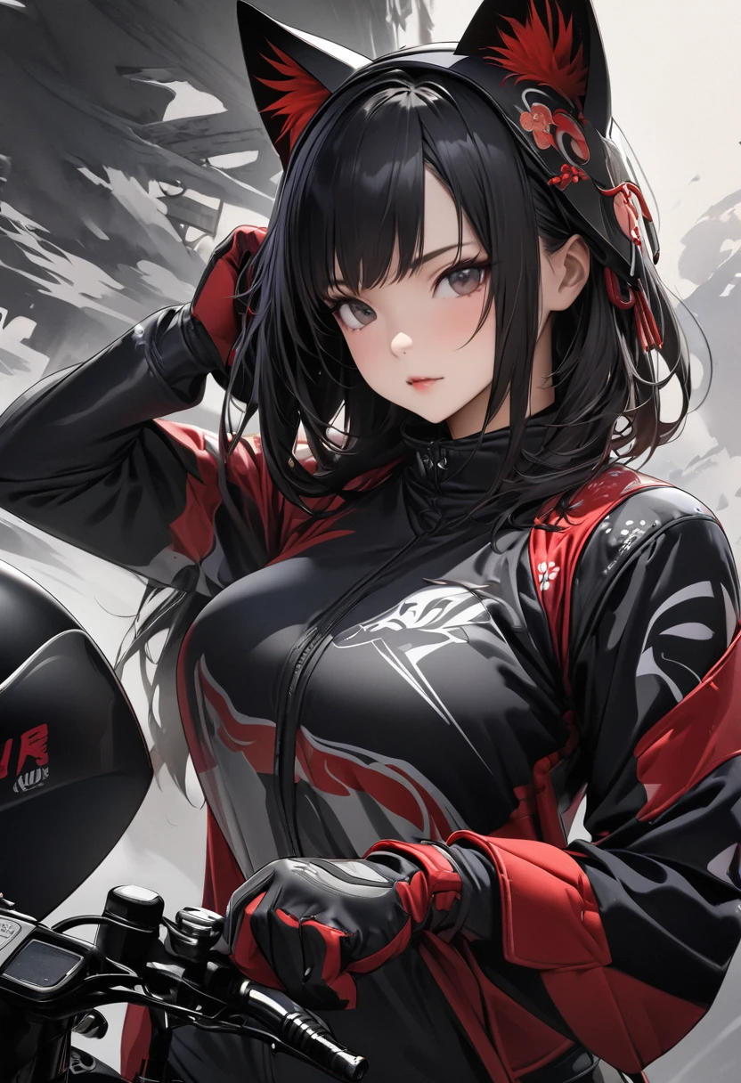 only the girl in the picture, white background, detailed CG unit, Masterpiece, high resolution, (((from side))), (((motorcycle helmet with cat ears in hand))), (((behind the girl monotone background))), (((Japanese style motorcycle suit))), helmet red color, ((1 girl)), (surreal, digital painting), photo from the waist up, (((motorcycle suit includes red, white and black color))), girl looking at the camera, holding the motorcycle helmet in her hand, Japanese moto theme, detailed CG unit, Masterpiece, high resolution, highest quality, all in japanese style, the girl has black hair