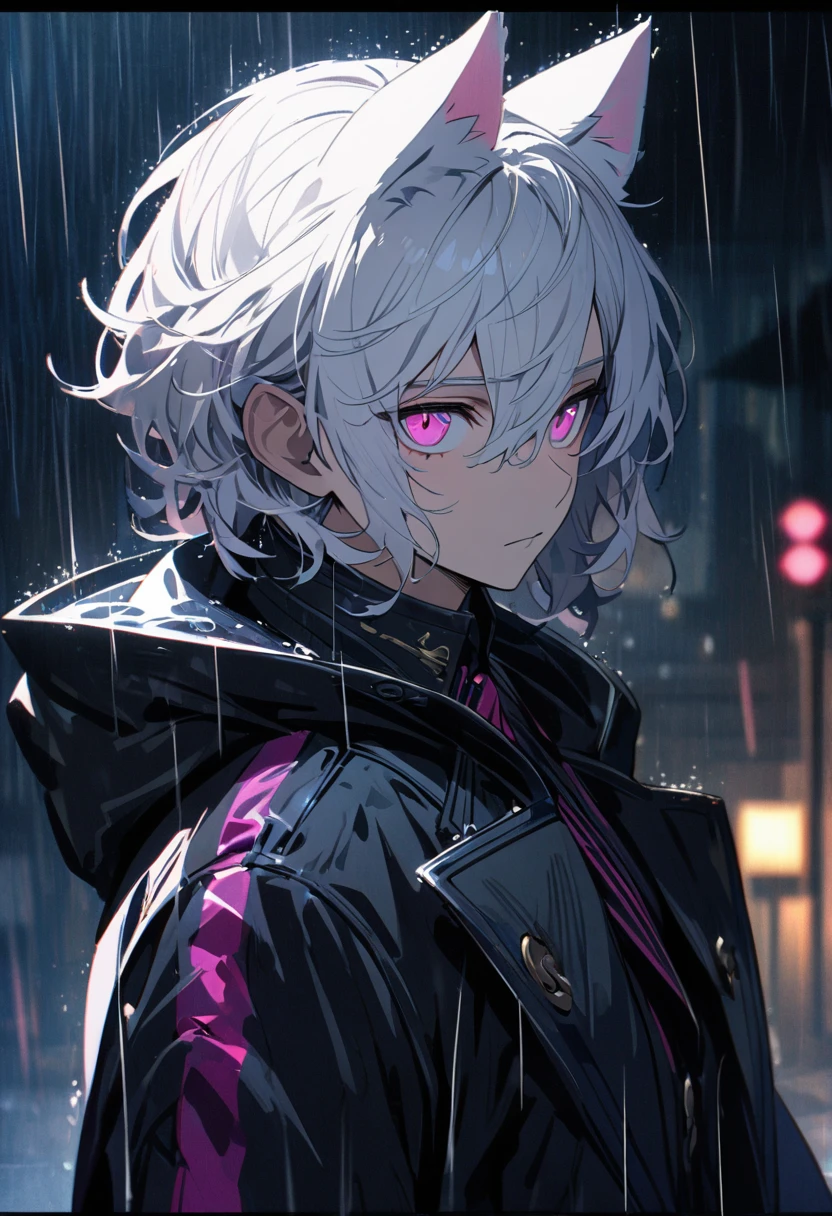 1 men, short white hair, Super detailed pink eye, Kitten ears, wearing a black overcoat, wearing gloves, slightly muscular body, at night, raining, front view, 4K, bright coloured, High quality of details, close up no rosto, detailed shadows, in a dark place, youthful face
