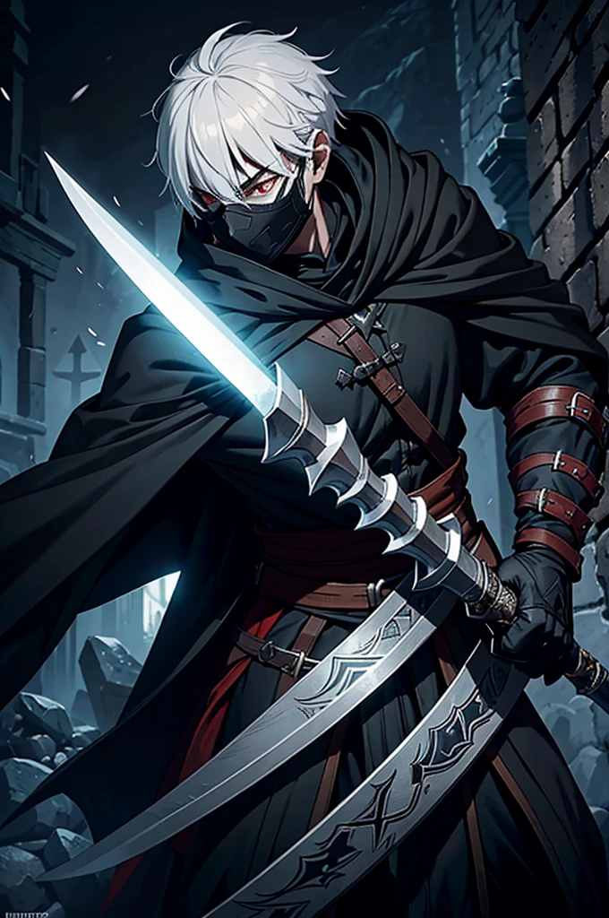 An assassin, male, fantasy character, physically strong, wearing a skull mask covering his face and eyes, dressed in black medieval attire, with a white hooded cloak over it, gray hair, short hair, red eyes, holding a dagger, nighttime background.