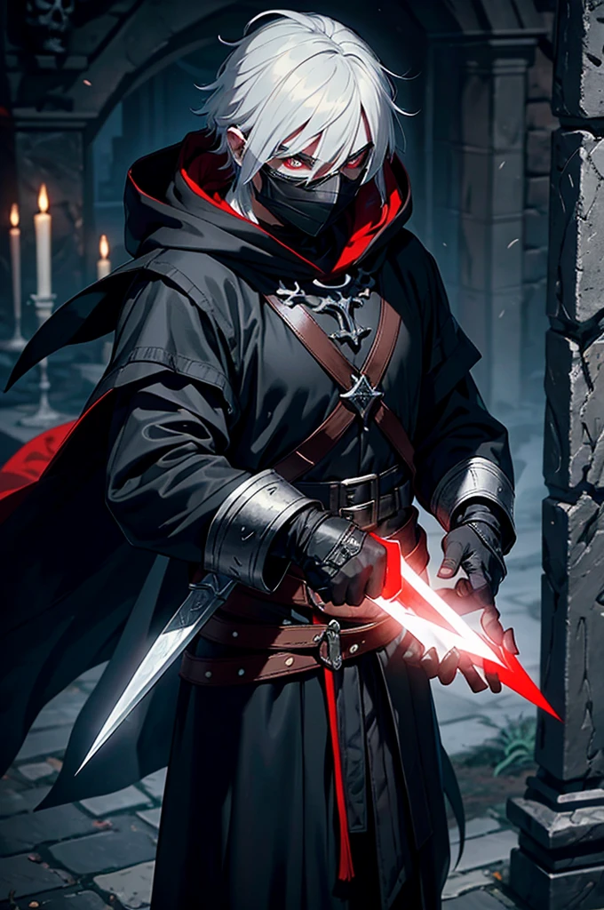 An assassin, male, fantasy character, physically strong, wearing a skull mask covering his face and eyes, dressed in black medieval attire, with a white hooded cloak over it, gray hair, short hair, red eyes, holding a dagger, nighttime background.
