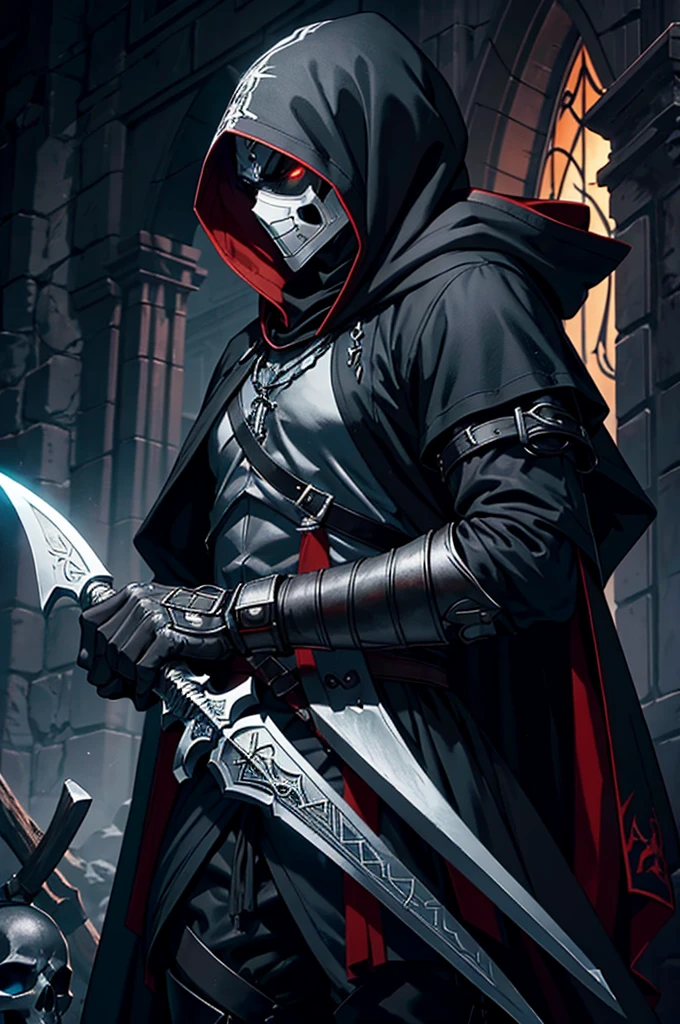 An assassin, male, fantasy character, physically strong, wearing a skull mask covering his face and eyes, dressed in black medieval attire, with a white hooded cloak over it, gray hair, short hair, red eyes, holding a dagger, nighttime background.