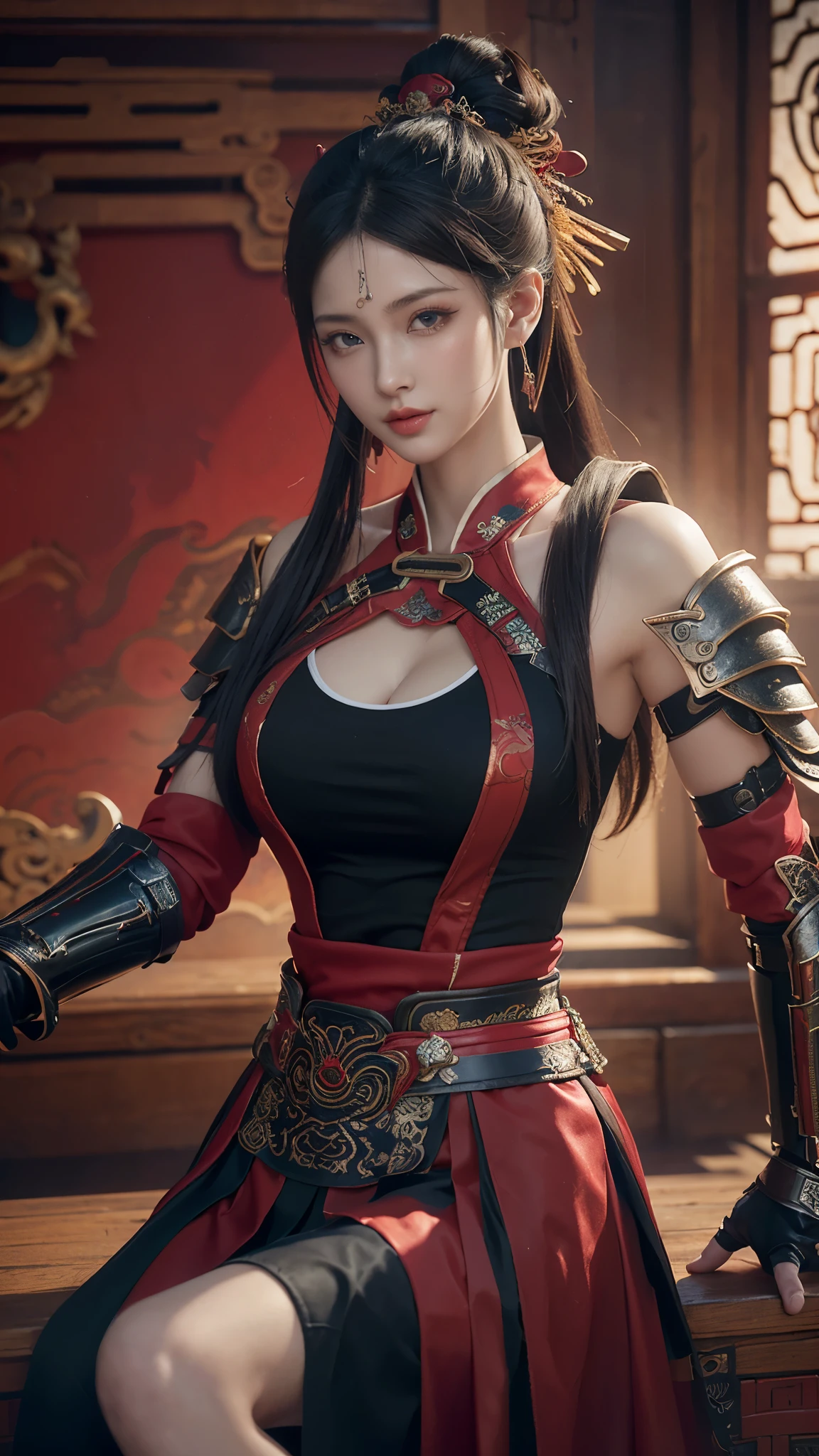 masterpiece,Game Art,Best image quality,Highest Resolution,8k,(Portraiture),Unreal Engine 5 rendering,(Digital photography),
girl,Beautiful Eyes,(Xu々The hair that will be shortened to blue and red),Big Breasts,(Big Breasts),(Portraiture photography:1.5),
(Chivalrous Women of the Tang Dynasty),Casual Hairstyles,Delicate face,(Ample breasts,Big Breasts),Severe,Cool and elegant,(Wearing combat armor combined with features of ancient Chinese clothing,Complex patterns,Mysterious Light,Hollow Armor),(Red and Black),Ancient fantasy style character movie light，Ray Tracing，Game CG，((3d unreal engine))，oc rendering reflection texture