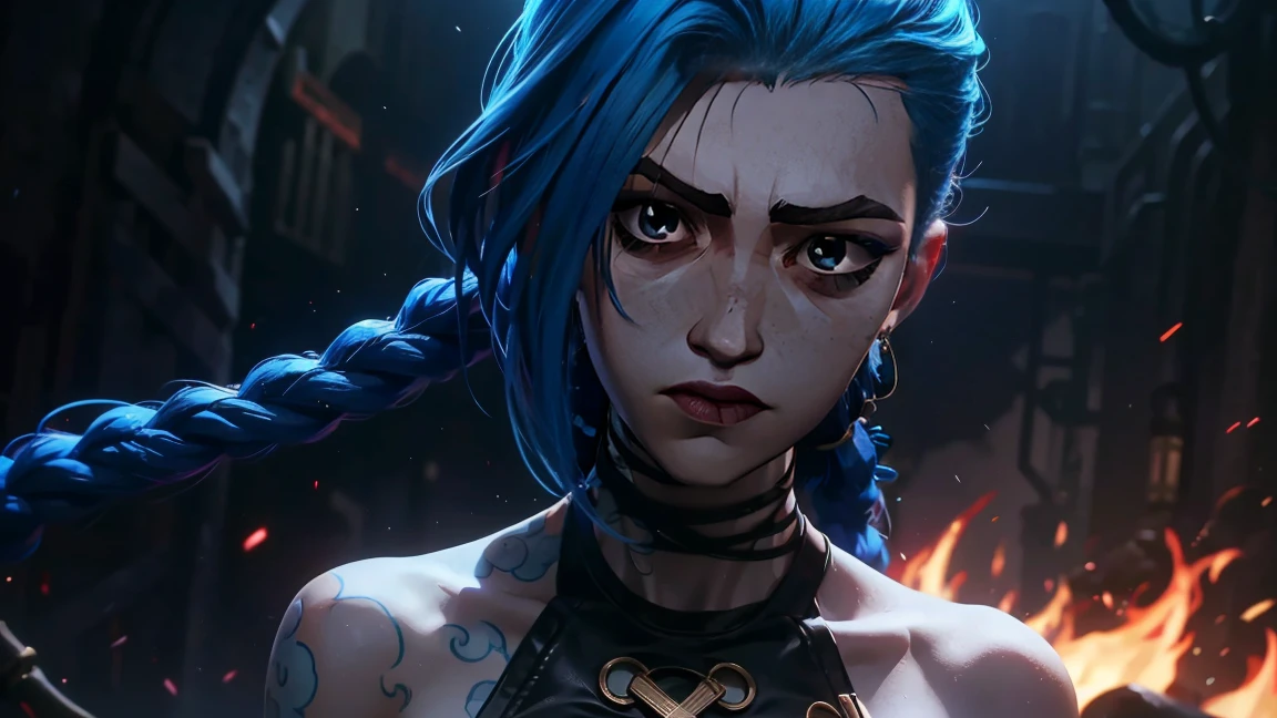 (masterpiece, Best quality), 1 girl, portrait very detailed face, very sexy, Volume , full length (full body 1.1.), crazy look, smile, pink tears, (tears on the cheeks, tears from eyes,) очень feminine, fighting stance, battle, neon lettering, explosions, darkness, fog, beautiful waist, gloomy composition, flame, fire, Flash, very beautiful, feminine, long hair, hair braided in long braids, very sexy, tight leather pants, emphasis on the eyes, emphasis on the face, Beautiful face, hands, Косаed ponytail, red purple eyes, Jinx is crying, Blue cloud tattoo, (masterpiece, Best quality), Side lighting, beautiful detailed eyes, crazy face), (Best quality), (masterpiece), magic photography, Spectacular lighting, photorealism, ultra detailed, intimate portrait composition, 1. 4,8 K UHD, aesthetic, CD., a high resolution, 8 K, Better lighting, Best shade, Ultra-HD, a high resolution, Sharp Focus, complex background, cinematic lighting, ((Landscape view)), 4K block, (Better lighting), ((cinematic lighting)),