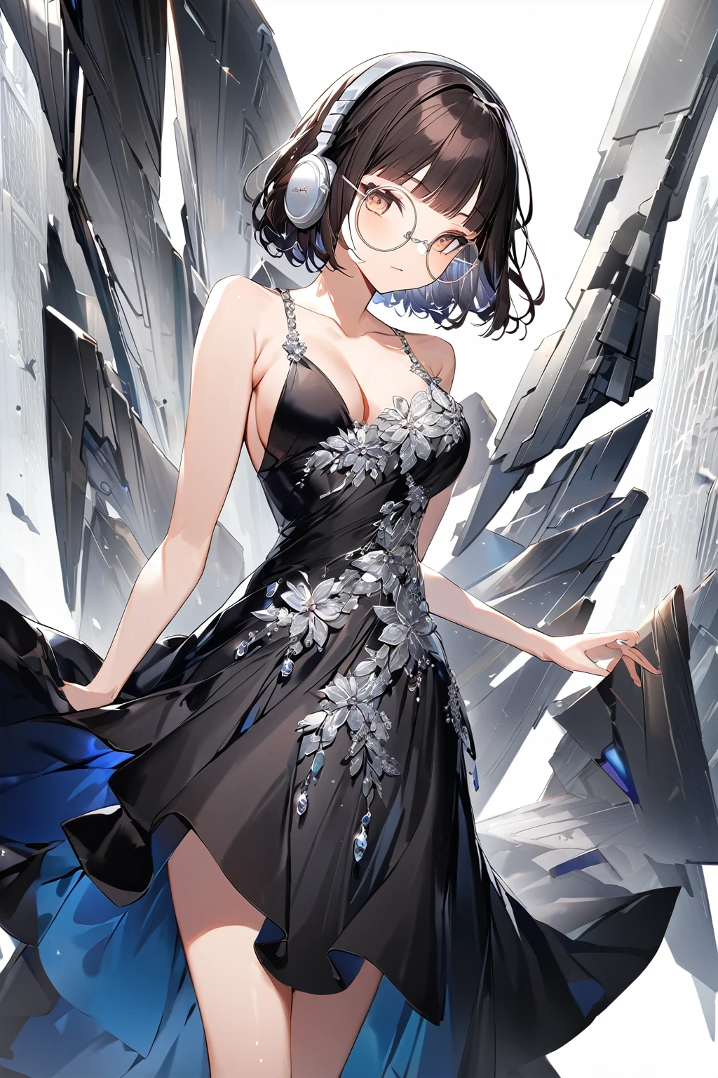 (extremely detailed fine touch:1.3), (((silver semi-rimless round eyewear:1.3))), (wear silver headphones:1.2), black and white style art, black short hair, blunt bangs, 1girl, 2.5d face, cowboy shot, glistening skin, sexy pause, hand on own chest, extremely detailed elegant black dress, medium breasts, clavicle, cleavage, extremely detailed simple white background