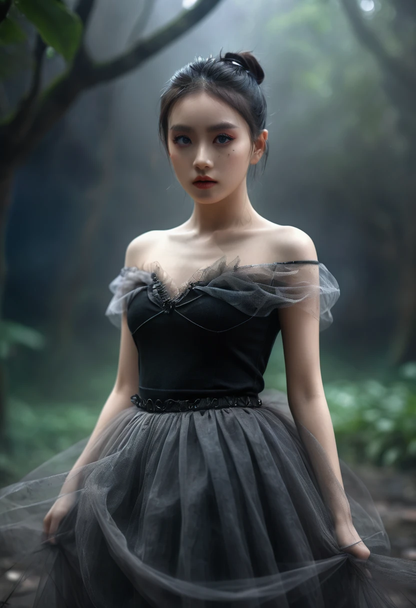 UHD, 8K, ultra detailed, a cinematic photograph of Dark Fantasy Art, a girl with Tulle skirt,making eye contact, dark, moody, dark fantasy style, beautiful lighting, great composition