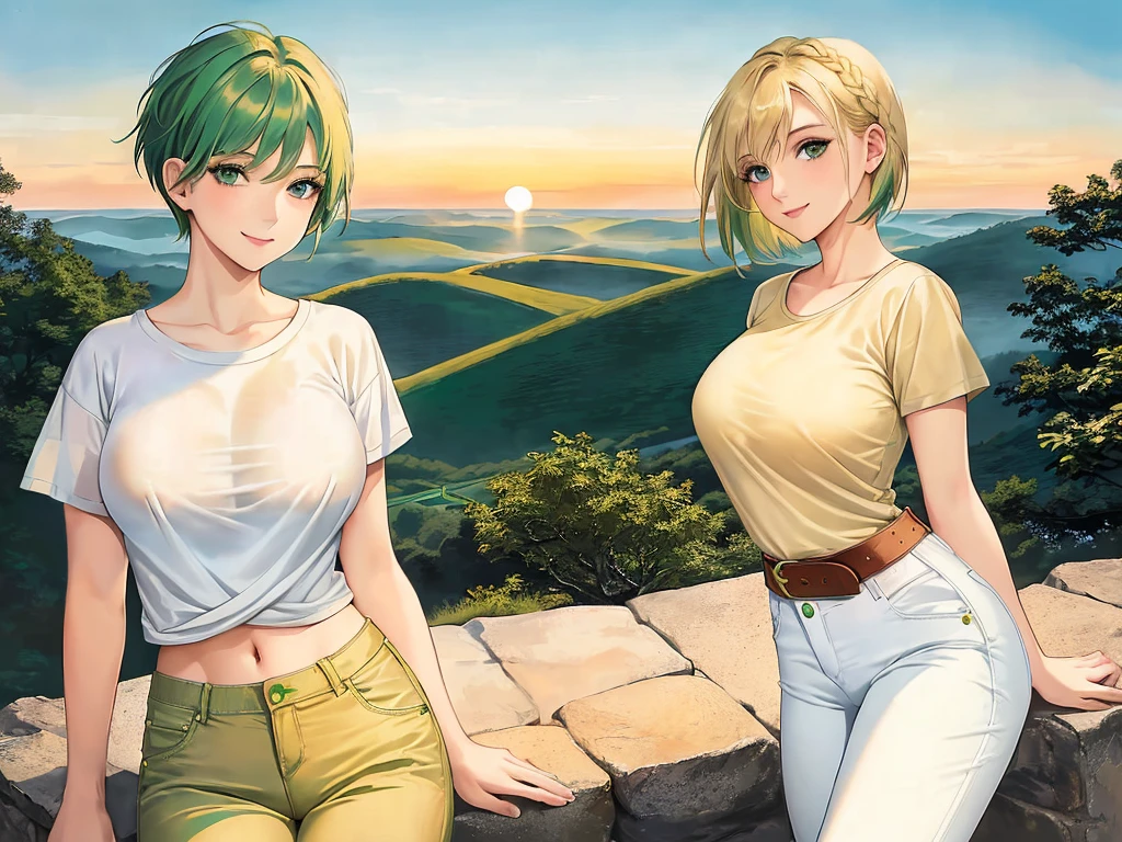 (masterpiece), best quality, expressive eyes, perfect face, short medium hair, two-tone hair ((blonde hair, green hair)), glowing blue eyes, [thighs], skinny body, perfect body, [medium big breast], smile face, ((white t-shirt)), (((pants beige)))((landscape)), ((sky)), (((1 girl))), (((mature girl))), (((posing))), (((watching the sunset)))
