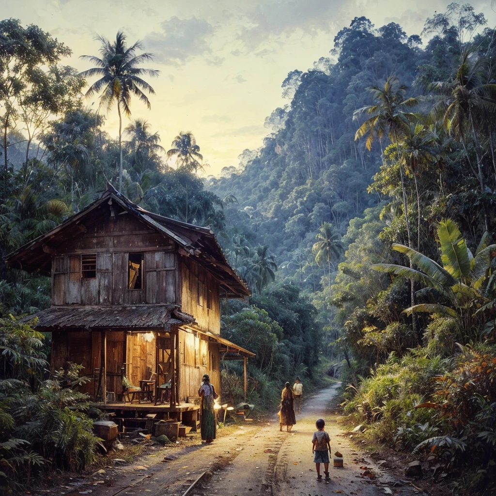 Oil paint splattered era 1960, a view, the road turns, samping kanan kiri forest rapat borneo, there is a mountain background, forest, coconut tree, and trees, there is bush grass, ferns plant,very dark night,naturalism,Realism,very dull canvas,basuki abdullah style,Oil paint splashes are intuitive