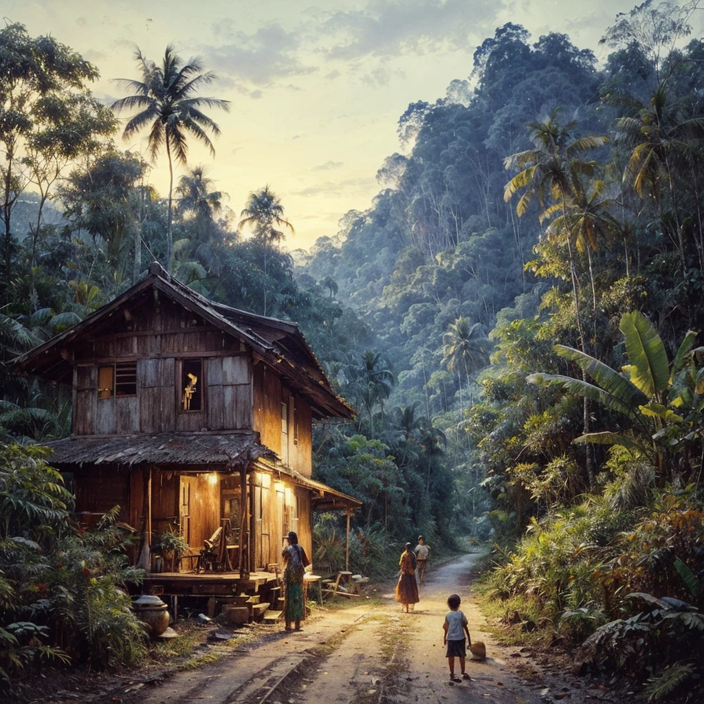 Oil paint splattered era 1960, a view, the road turns, samping kanan kiri forest rapat borneo, there is a mountain background, forest, coconut tree, and trees, there is bush grass, ferns plant,very dark night,naturalism,Realism,very dull canvas,basuki abdullah style,Oil paint splashes are intuitive