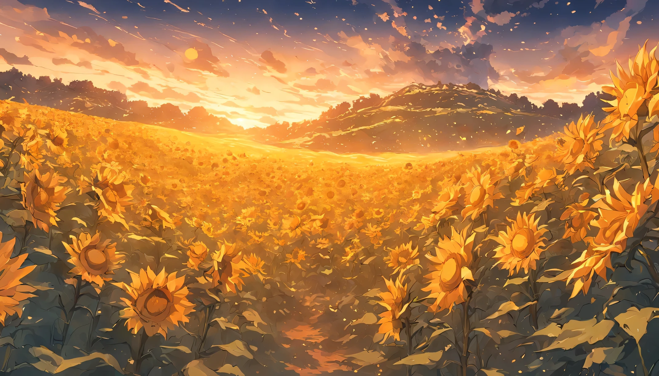((Crépuscule d'été)),champs de tournesols、crépuscule,Flash vert,Paysageeilleur impact:1.5), (maximalisme:1.7),contraste saisissant, (Réaliste), illustrations hyperréalistes, haute résolution, ultra-détaillé, absurdes,(art fractal:1.3),rétro、Mise au point précise、cinéma4d、Drame