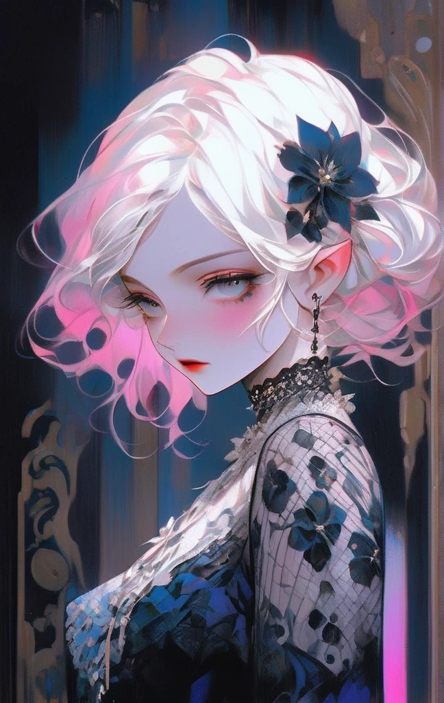 Shots from very long distances, (Big eyes, Your eyes are delicate and beautiful., Beautiful and delicate face, Full body details), ((prism shading, Holographic Environment, Chromatic:1.2)) Black lace shirt, Gothic Background, (long right angle:1.2) 、Beautiful anime girl with intricate flower tattoo on her neck, Exudes elegance and beauty.,In the style of neon realism, Dark pink and light black, Gothic Art Nouveau, Deep white and indigo, Bold yet elegant, Cyberpunk Manga, Attention to detail in the costumes