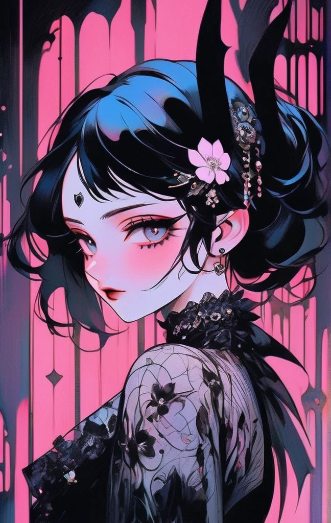 Shots from very long distances, (Big eyes, Your eyes are delicate and beautiful., Beautiful and delicate face, Full body details), ((prism shading, Holographic Environment, Chromatic:1.2)) Black lace shirt, Gothic Background, (long right angle:1.2) 、Beautiful anime girl with intricate flower tattoo on her neck, Exudes elegance and beauty.,In the style of neon realism, Dark pink and light black, Gothic Art Nouveau, Deep white and indigo, Bold yet elegant, Cyberpunk Manga, Attention to detail in the costumes