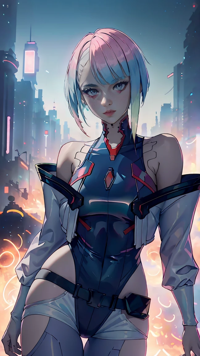 1 girl, One, Lucy \(cyberpunk\), cyberpunk \(row\), very sexy, Erotica, Asymmetrical Hair, nude, very sexy, Erotica, short hair, blue hair, green hair, pink hair, multicolored hair, Blue eyes, Eyeliner, eyeshadow, draw up, bare shoulders, portrait, I look at the viewer, cyberpunk, hlpr, Futuristic, hologram, failure, holographic face, пользовательский interface, interface, Nodes, particles, depth of field, hips, masterpiece, Best quality, very aesthetic, absurdity, 