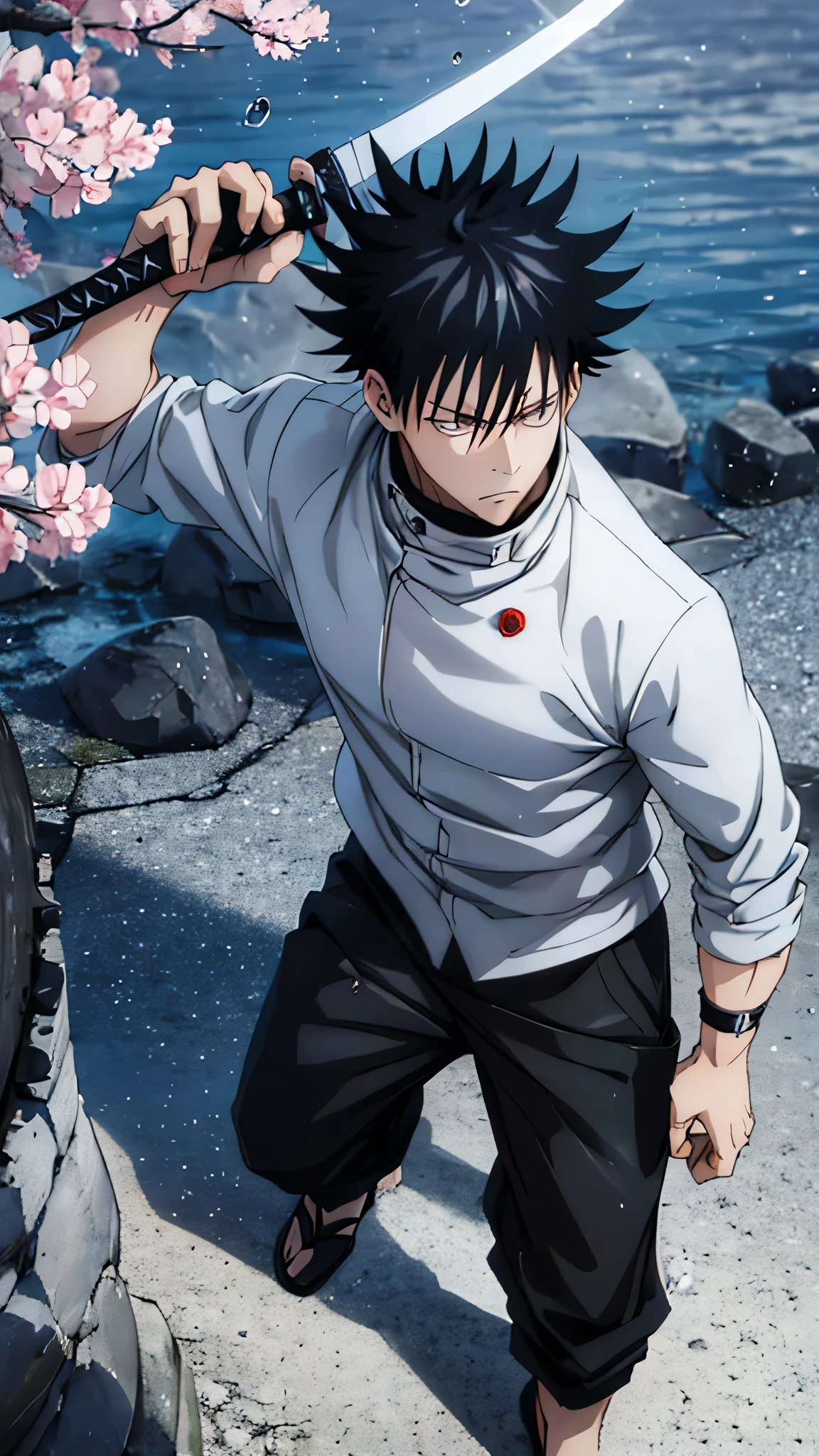 photo of an anime character (jujutsu KAISEN) named "yuta okkotsu" with black hair, sharp eyes, "jujutsu kaisen" shirt with buttons on the side, white, long black Jujutsu kaisen trousers, with cherry blossom petal effect that was flying, and the falling raindrops were drenching, and the white sword was stuck on his back, he was walking with a black wolf. along with a realistic rural background.