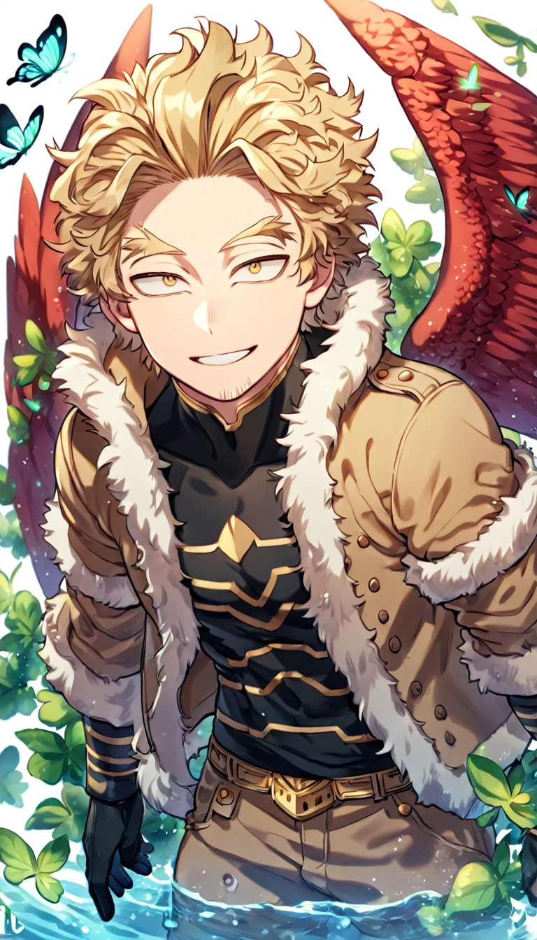 absurdres, highres, ultra detailed, HDR, master piece, best quality, extremely detailed face, delicated features, Hawks, ash-blonde hair, expressive golden brown eyes, faint stubble, Boku No Hero Academia, solo, sexy man, handsome, handsome smile, red wings, brown jacket with fur, black tight shirt with patterns, black gloves, brown pants, fantasy, magical, butterflies, summer, green leaves, flowers, water