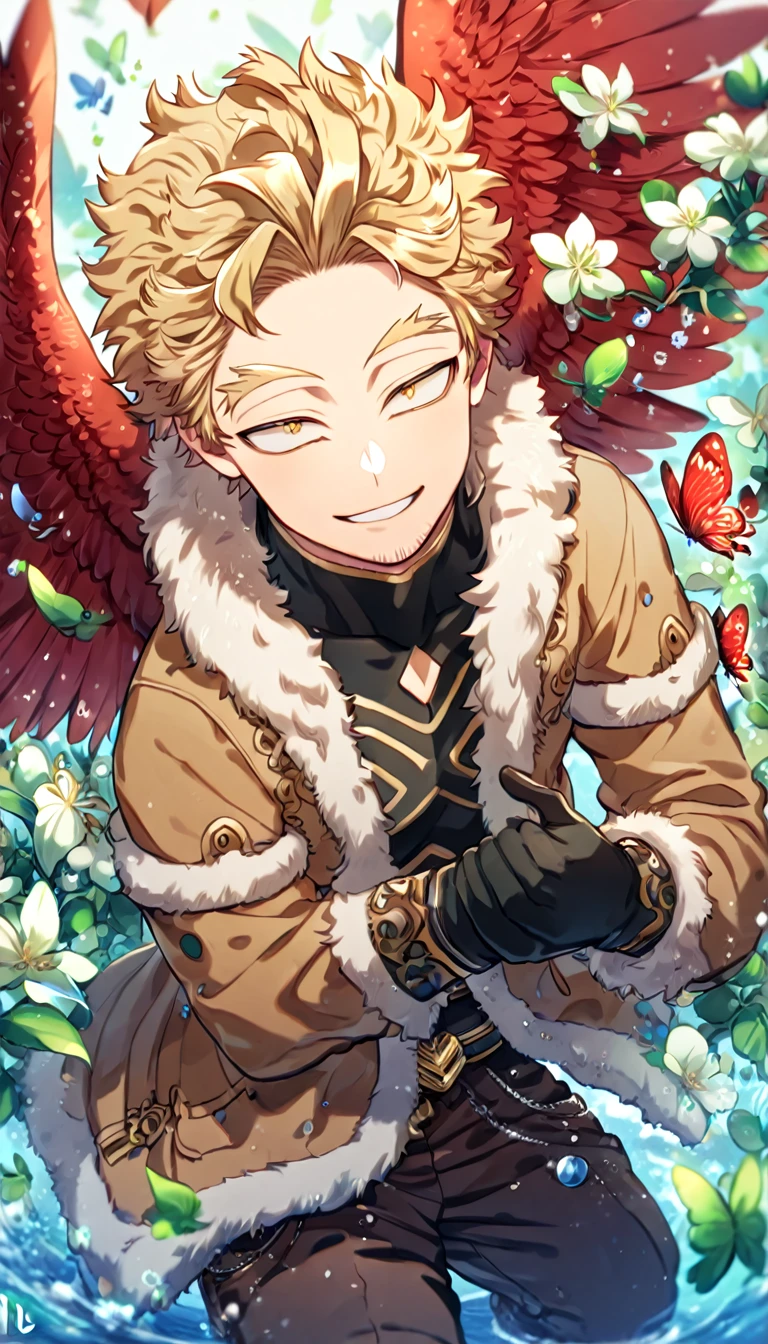 absurdres, highres, ultra detailed, HDR, master piece, best quality, extremely detailed face, delicated features, Hawks, ash-blonde hair, expressive golden brown eyes, faint stubble, Boku No Hero Academia, solo, sexy man, handsome, handsome smile, red wings, brown jacket with fur, black tight shirt with patterns, black gloves, brown pants, fantasy, magical, butterflies, summer, green leaves, flowers, water