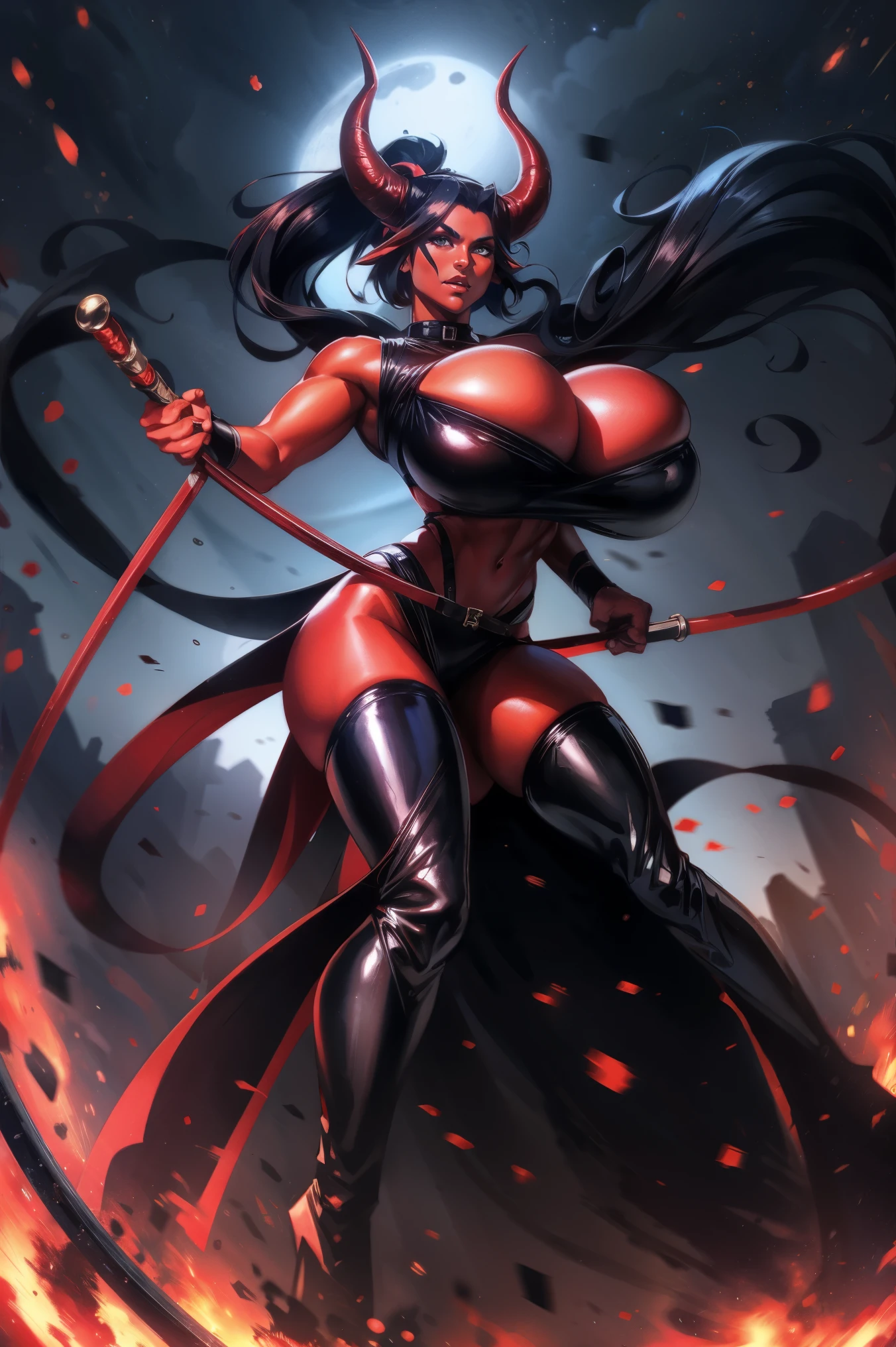 Red skin succubus tiefling, gigantic breasts, black horns, wings, huge tail, black leather, crop top, long flowing pelvic curtain, tall, toned, graceful, thin, long black ponytail. Action scene, whip. Dark scene, explosions, night sky.