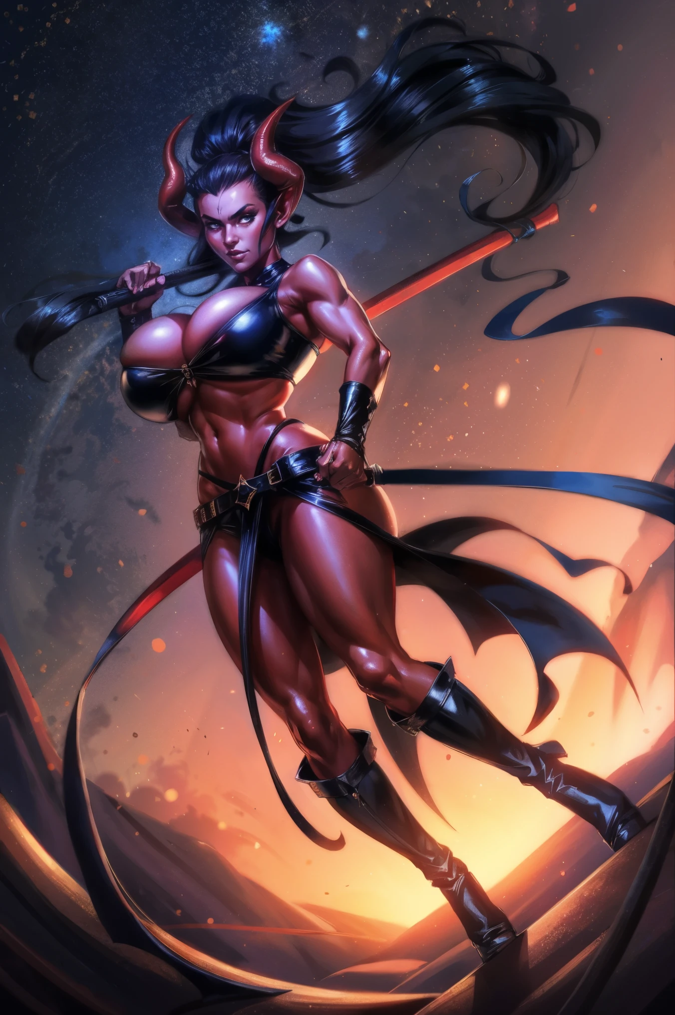 Red skin succubus tiefling, gigantic breasts, black horns, wings, huge tail, black leather, crop top, long flowing pelvic curtain, tall, toned, graceful, thin, long black ponytail. Action scene, whip. Dark scene, explosions, night sky.