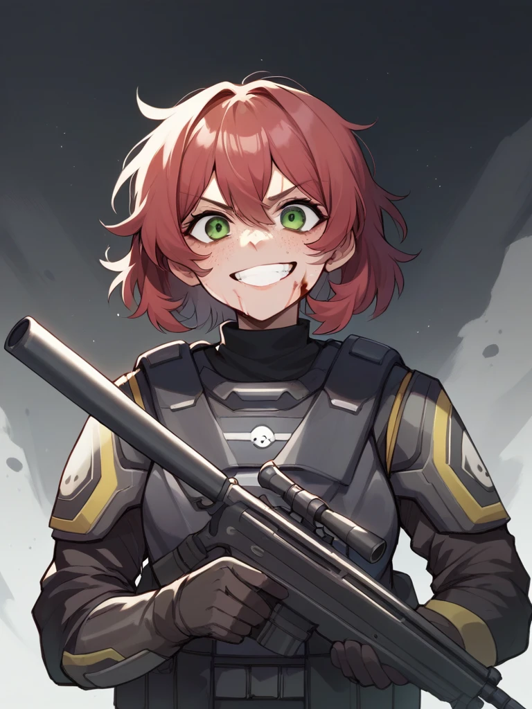 Female Helldiver Sniper without helmet, messy red hair, freckles, green eyes, and a burn scar on her left eye. Holding a sniper rifle. With a crazed grin